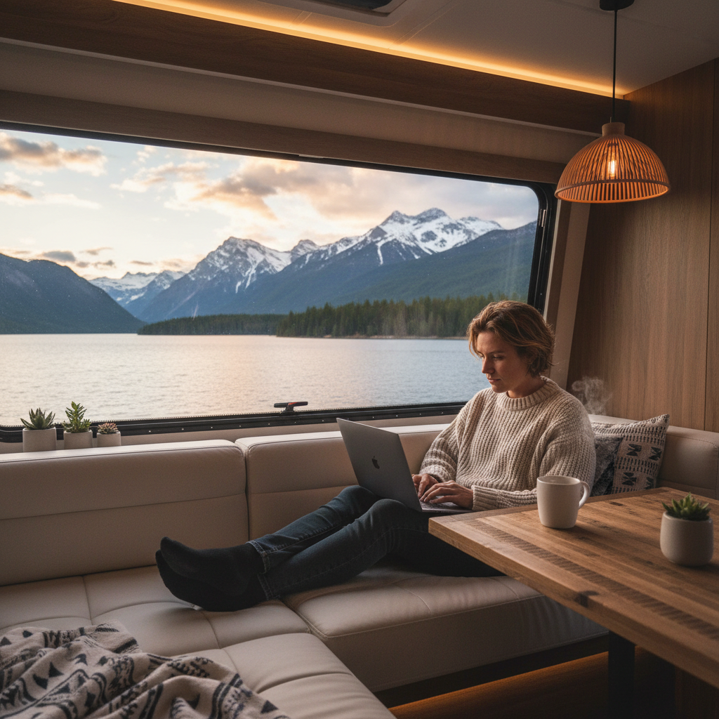 Person working inside RV with mountain lake view