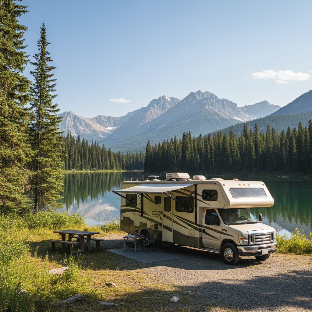 Class C RV parked beside a mountain lake