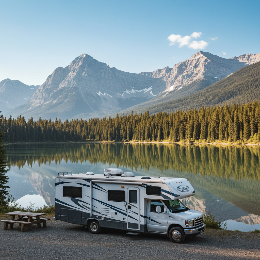 RV beside a mountain lake