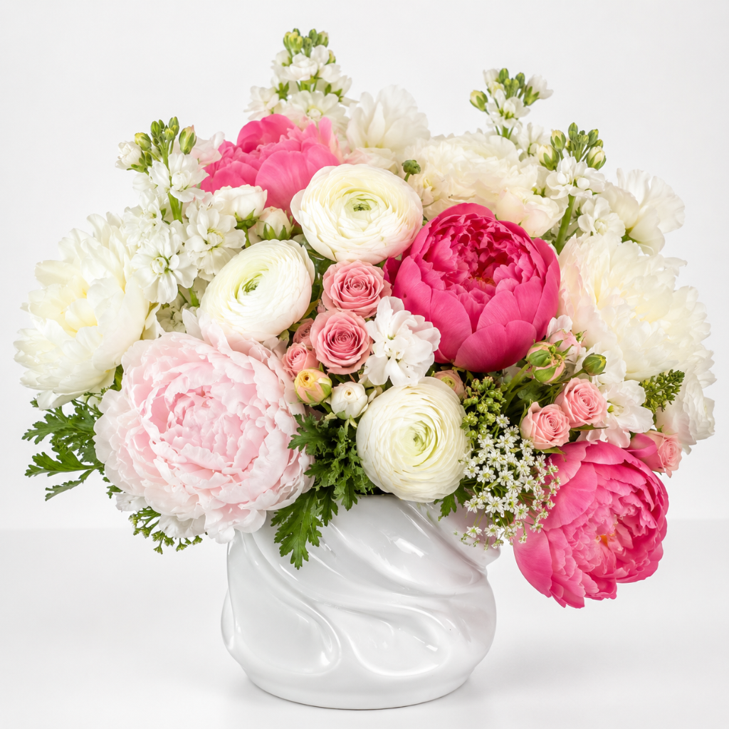 Wedding Floral Arrangement | Bud Weismiller Flowers Las Vegas Colorful wedding arrangement with pink peonies, ranunculus, and stock flowers — Las Vegas event florist