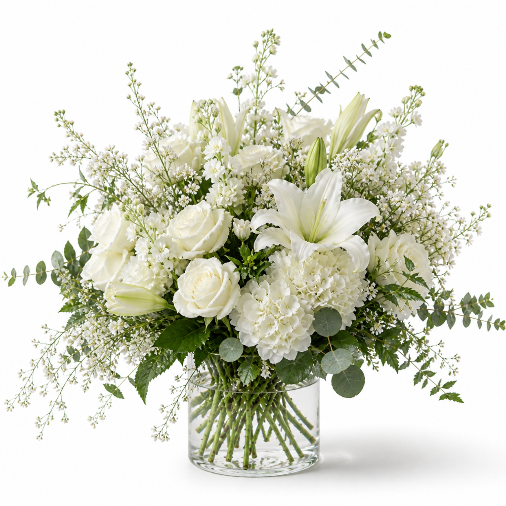 Sympathy Flower Arrangement | Bud Weismiller Flowers Las Vegas Elegant white sympathy arrangement with lilies, roses, and hydrangeas — Las Vegas sympathy flowers