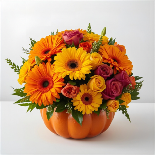 Standard size Vibrant orange and yellow gerbera daisies with magenta and warm yellow roses in a glossy bright orange pumpkin-shaped ceramic vase for fall harvest flower delivery in Las Vegas Nevada