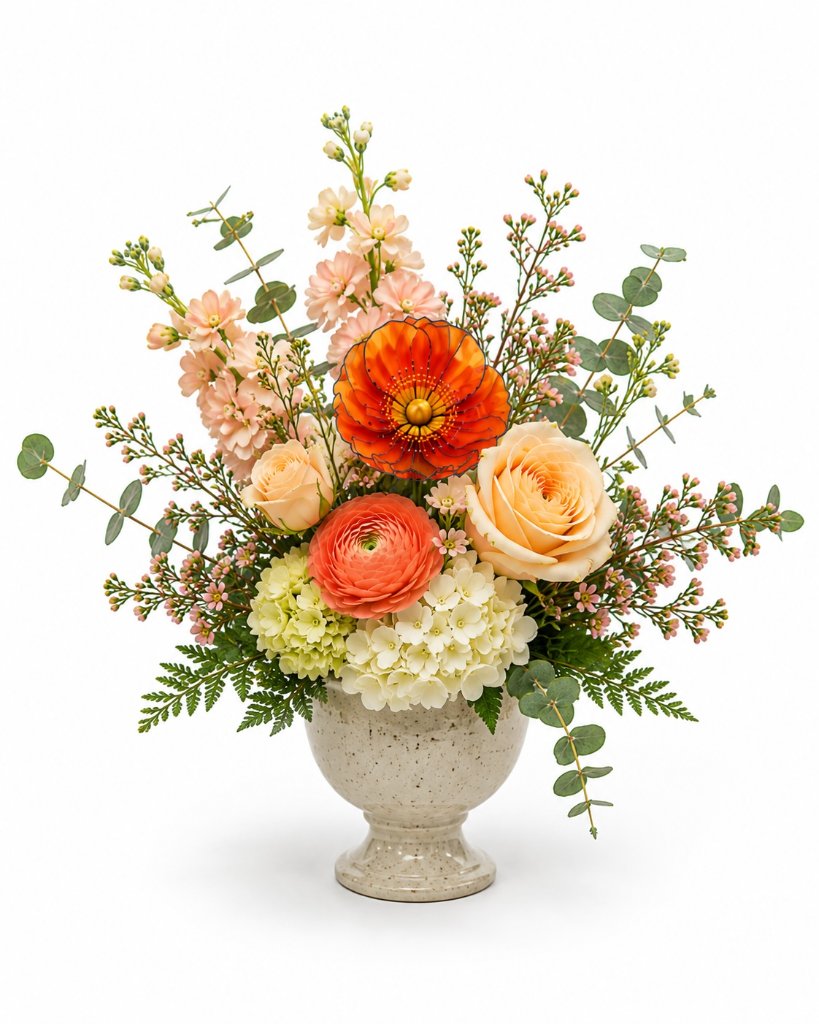 One Poppy, One Memory keepsake arrangement — handmade stained-glass poppy with fresh flowers in a ceramic urn