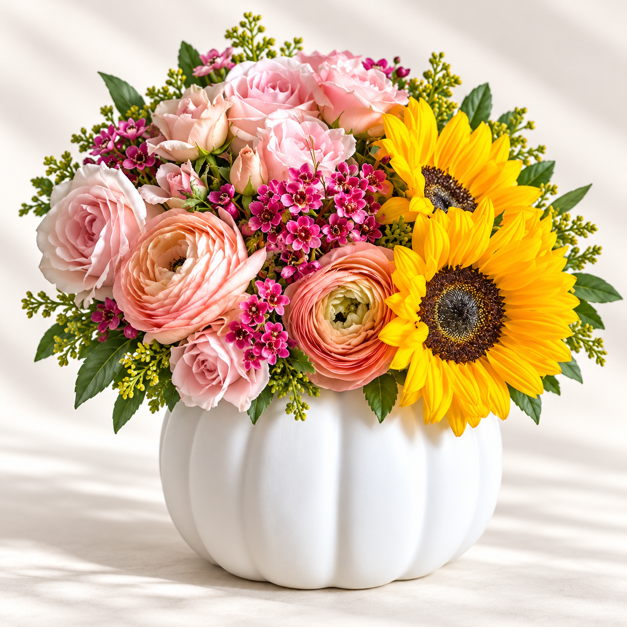 Harvest Pumpkin Patch Bouquet — sunflowers and ranunculus in a white pumpkin vase for fall flower delivery Las Vegas NV