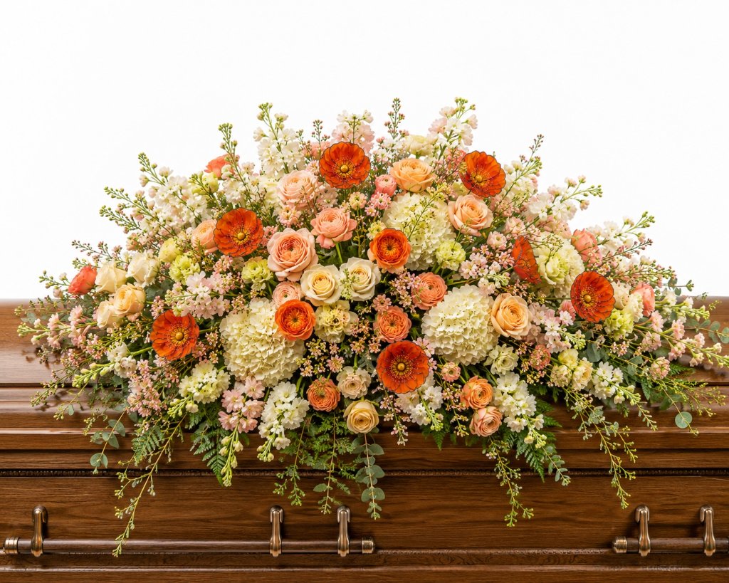 standard: Poppy Keepsake Casket Spray — orange sympathy sympathy flower arrangement delivered same-day in Las Vegas NV | Bud Weismiller Flowers