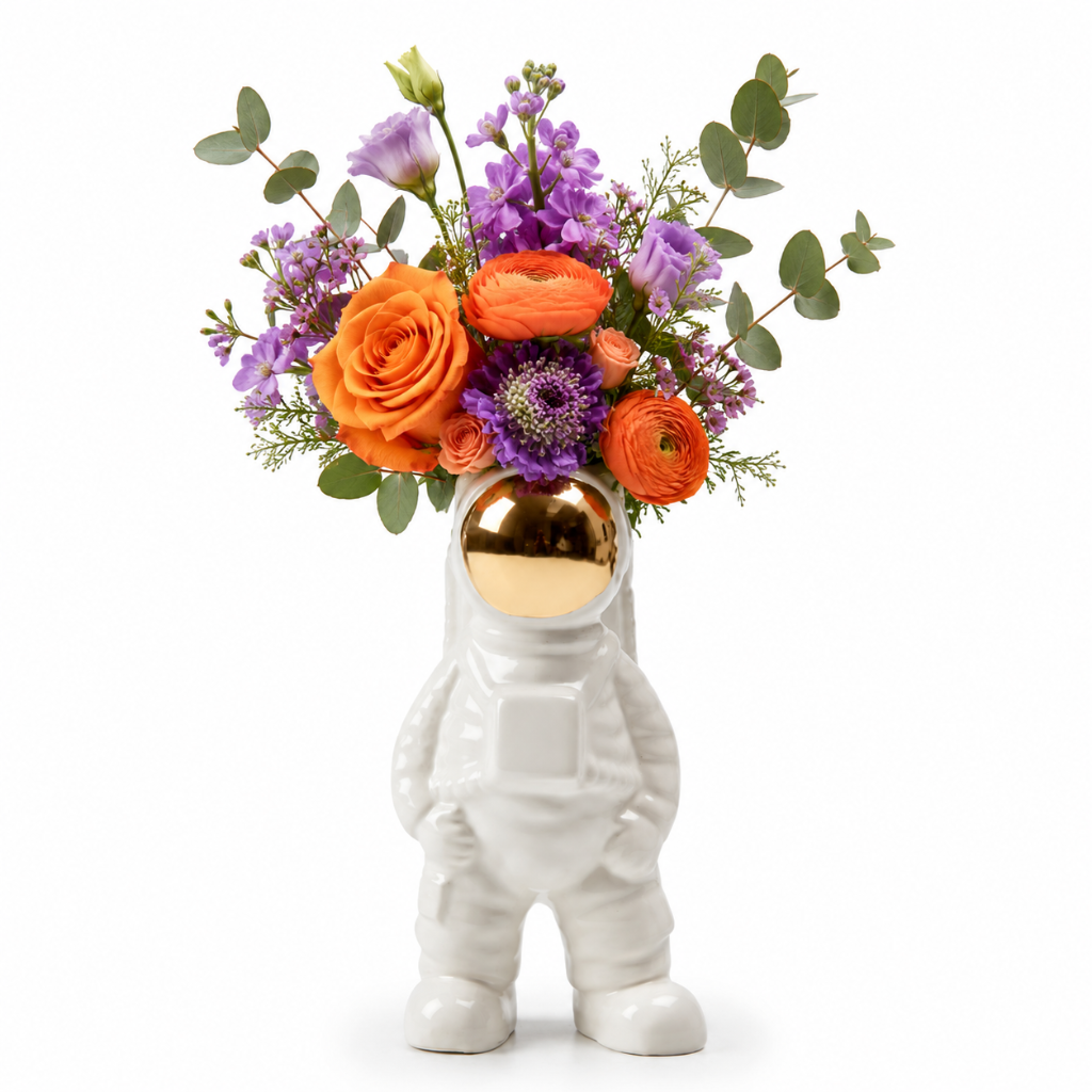 Cosmic Sunset Astronaut | Las Vegas Delivery — Standard size handmade orange birthday best-selling flower arrangement for same-day flower delivery in Las Vegas, Henderson & Summerlin NV | Bud Weismiller Flowers