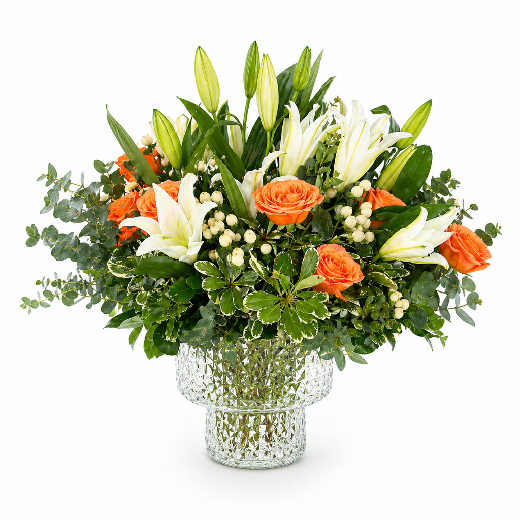 standard: Rose & Lily Garden – Anniversary Flowers — orange birthday luxury flower arrangement delivered same-day in Las Vegas NV | Bud Weismiller Flowers