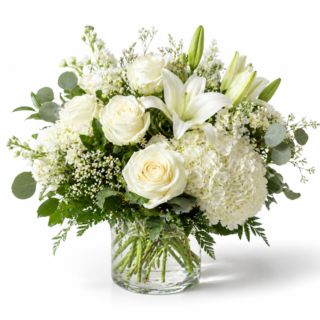 standard: A Peaceful Goodbye – Sympathy Flowers — white sympathy sympathy flower arrangement delivered same-day in Las Vegas NV | Bud Weismiller Flowers