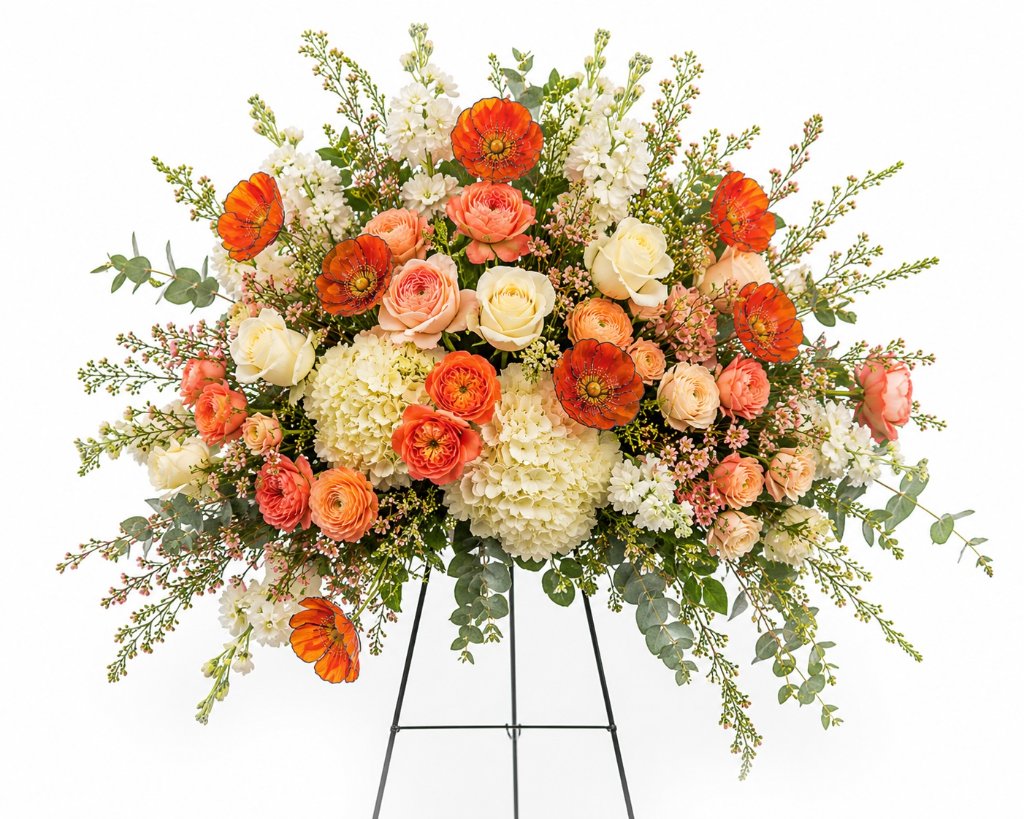 Poppy Keepsake Standing Spray of Remembrance — Standard size handmade orange sympathy sympathy flower arrangement for same-day flower delivery in Las Vegas, Henderson & Summerlin NV | Bud Weismiller Flowers