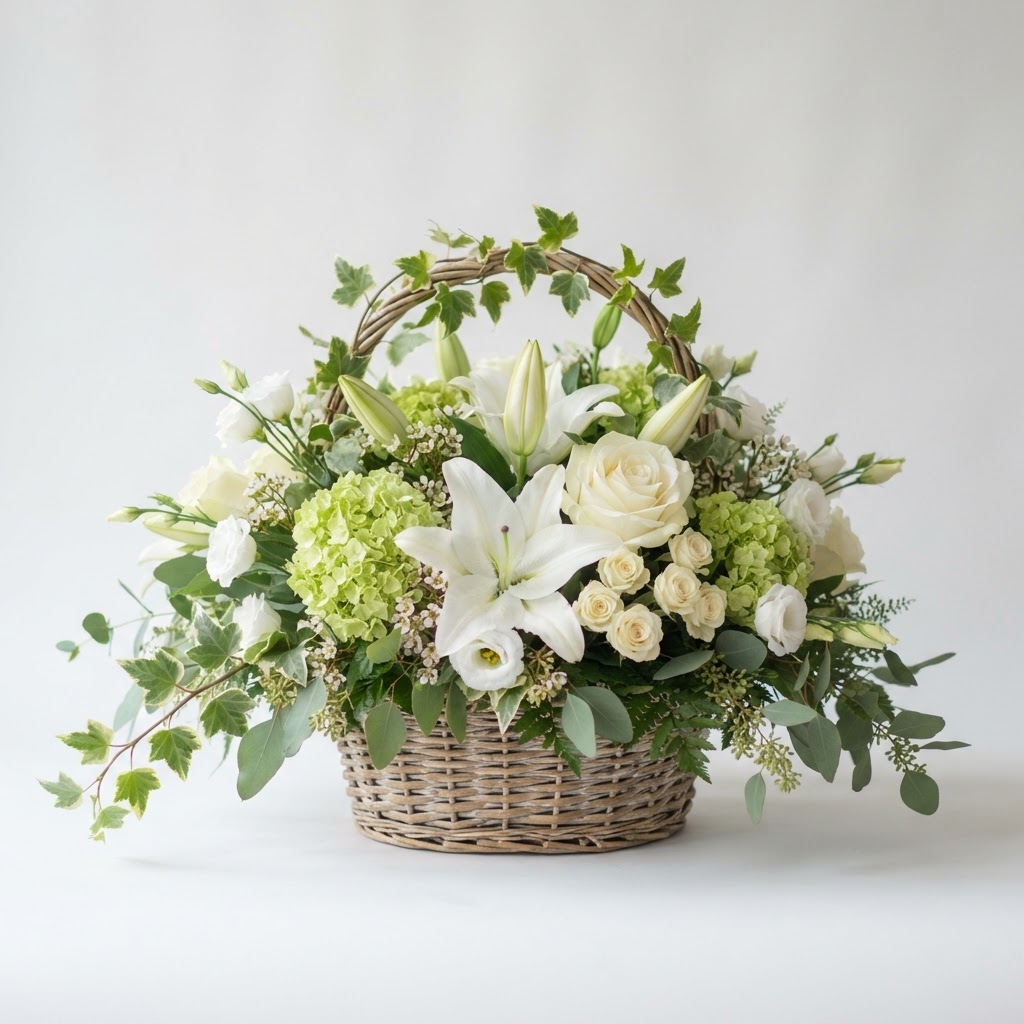 Sympathy & Tribute Flowers Las Vegas — Hospital & Funeral Home Delivery | Bud Weismiller White lilies and roses sympathy basket arrangement for funeral home delivery