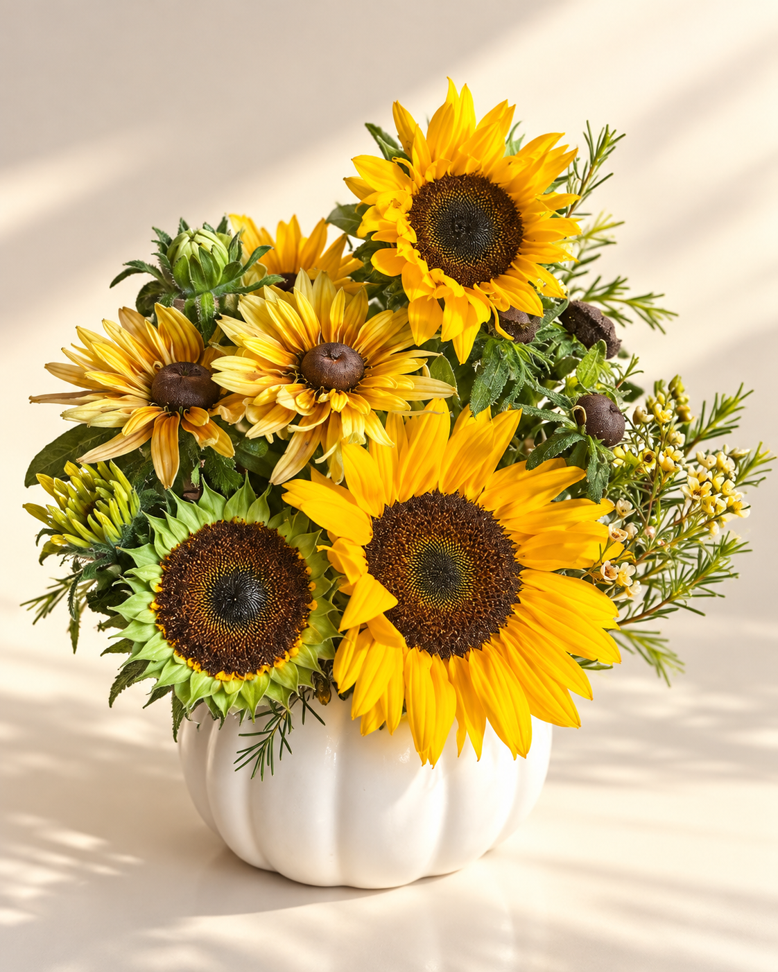 Standard size Sunflowers and autumn filler flowers arranged in a white pumpkin-shaped ceramic vase for fall flower delivery in Las Vegas NV — seasonal harvest centerpiece