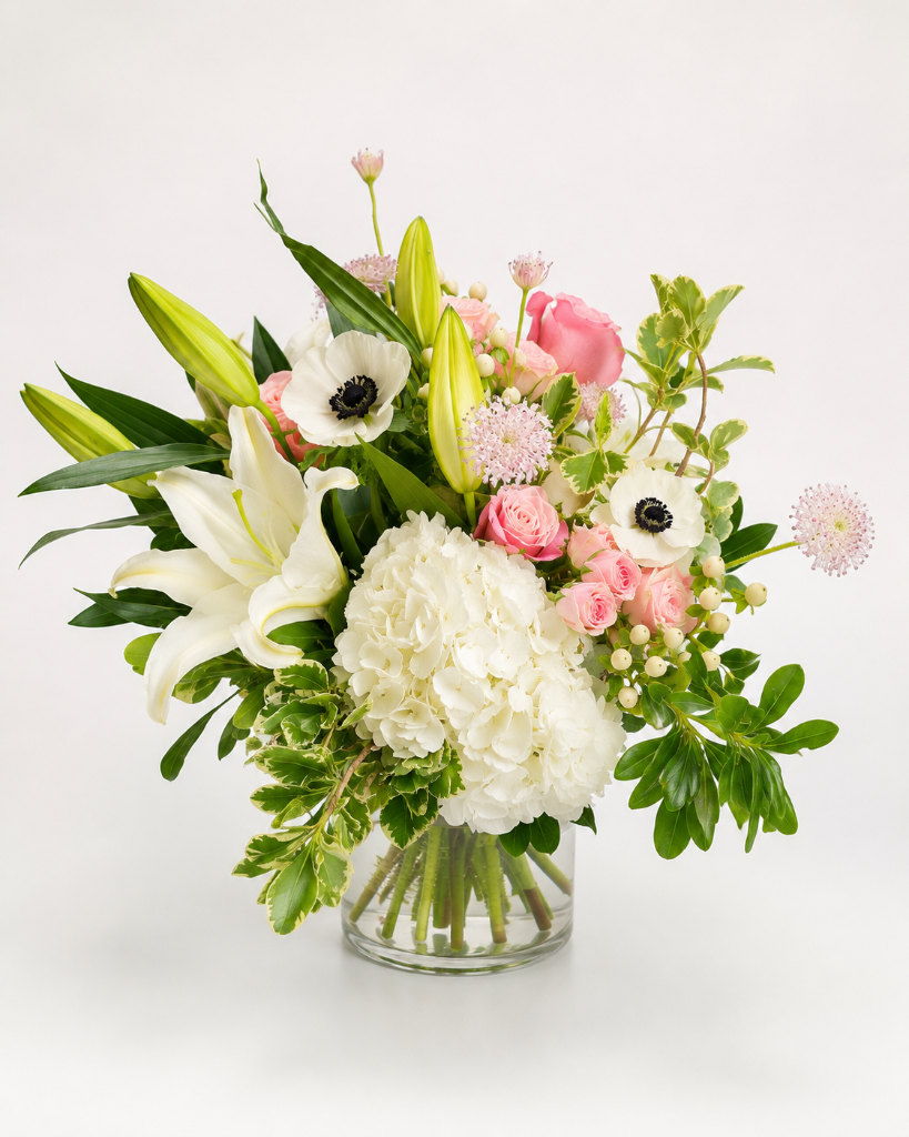 White Lily & Anemone Garden | Las Vegas Delivery — Standard size handmade white birthday best-selling flower arrangement for same-day flower delivery in Las Vegas, Henderson & Summerlin NV | Bud Weismiller Flowers
