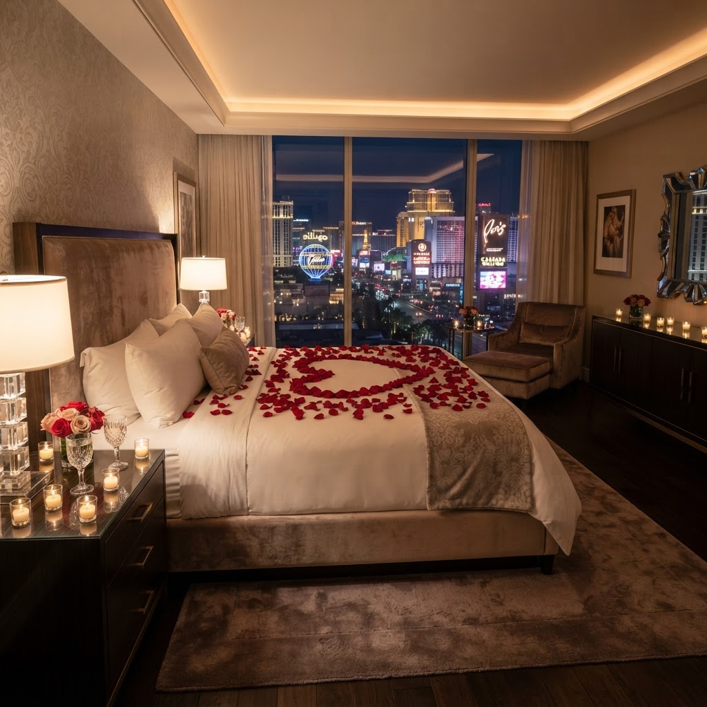 standard: Rose petal romance package in a Las Vegas hotel suite — bed covered in red rose petals with candles, romantic room decor delivery by Bud Weismiller