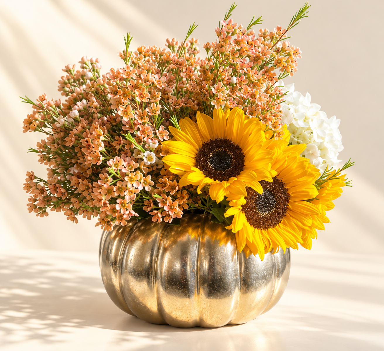 standard: Golden Pumpkin Sunflower Arrangement featuring two bright yellow sunflowers and soft peach waxflower blossoms in a metallic gold pumpkin-shaped ceramic vase, a handcrafted autumn fall centerpiece for same-day Thanksgiving and October birthday flower delivery in Las Vegas NV by Bud Weismiller Flowers