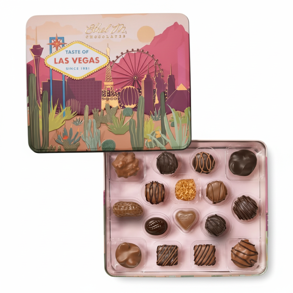 standard: Ethel M Taste of Las Vegas Commemorative Tin (16-piece) — mixed-color birthday chocolate and flower gift delivered same-day in Las Vegas NV | Bud Weismiller Flowers