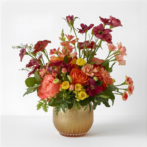 Standard Size — Sunset Coral Rose Arrangement — Rose Arrangement Standard size Coral and salmon roses with bright yellow button flowers and deep burgundy cosmos in a gold fluted metallic vase with etched filigree for sunset-inspired luxury flower delivery in Las Vegas NV