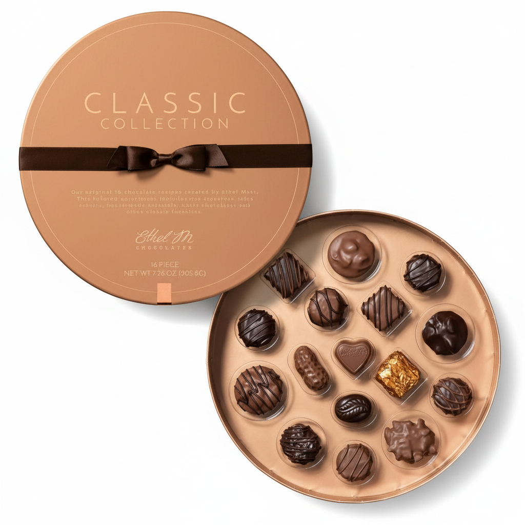standard: Ethel M Classic Collection (16-piece) — mixed-color birthday chocolate and flower gift delivered same-day in Las Vegas NV | Bud Weismiller Flowers