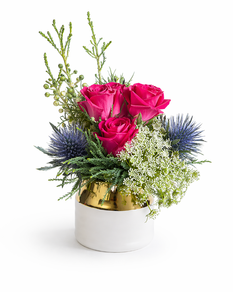standard: Bud Vase — Hot Pink Rose & Thistle — pink birthday rose bouquet delivered same-day in Las Vegas NV | Bud Weismiller Flowers