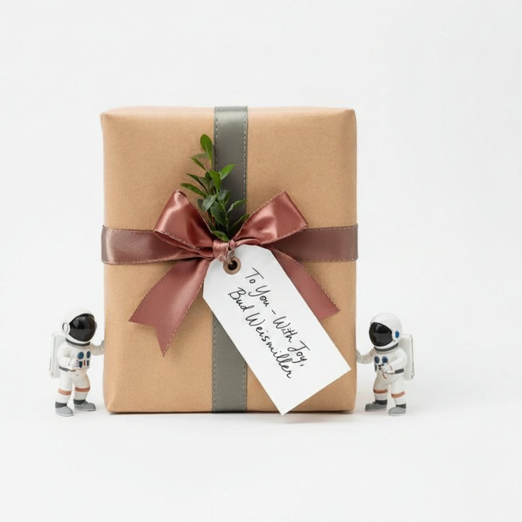 Kraft paper gift wrap with satin bow and greenery — Las Vegas florist Bud Weismiller