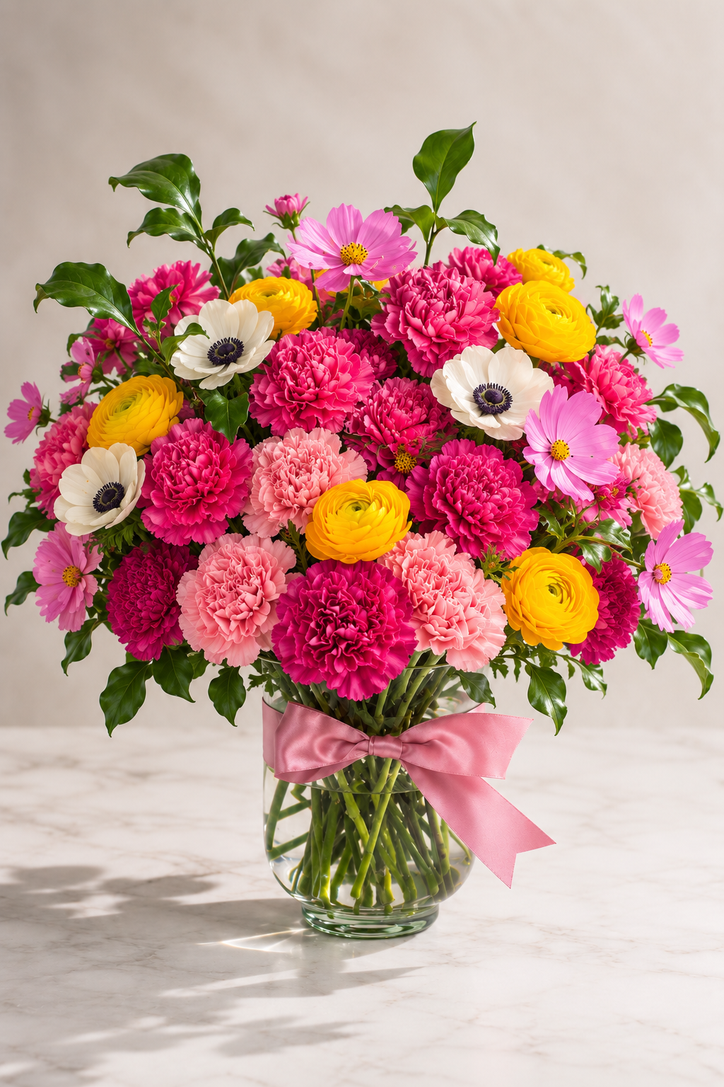 Vibrant pink, yellow, and white anniversary bouquet with ranunculus and anemones in an etched glass vase, delivered same-day in Las Vegas for milestone celebrations