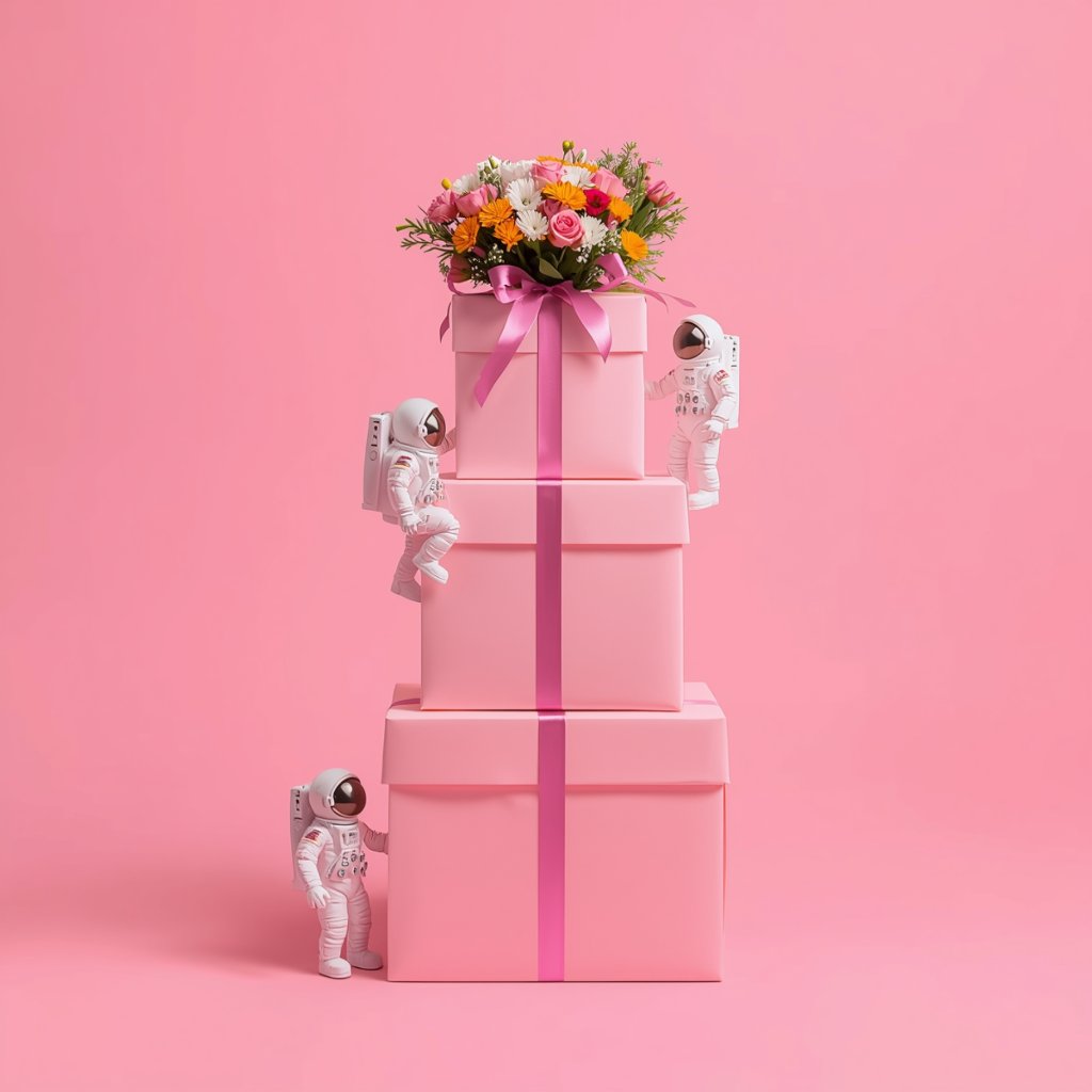 Pink gift tower with floral bouquet on top — Las Vegas flower delivery with gift wrap
