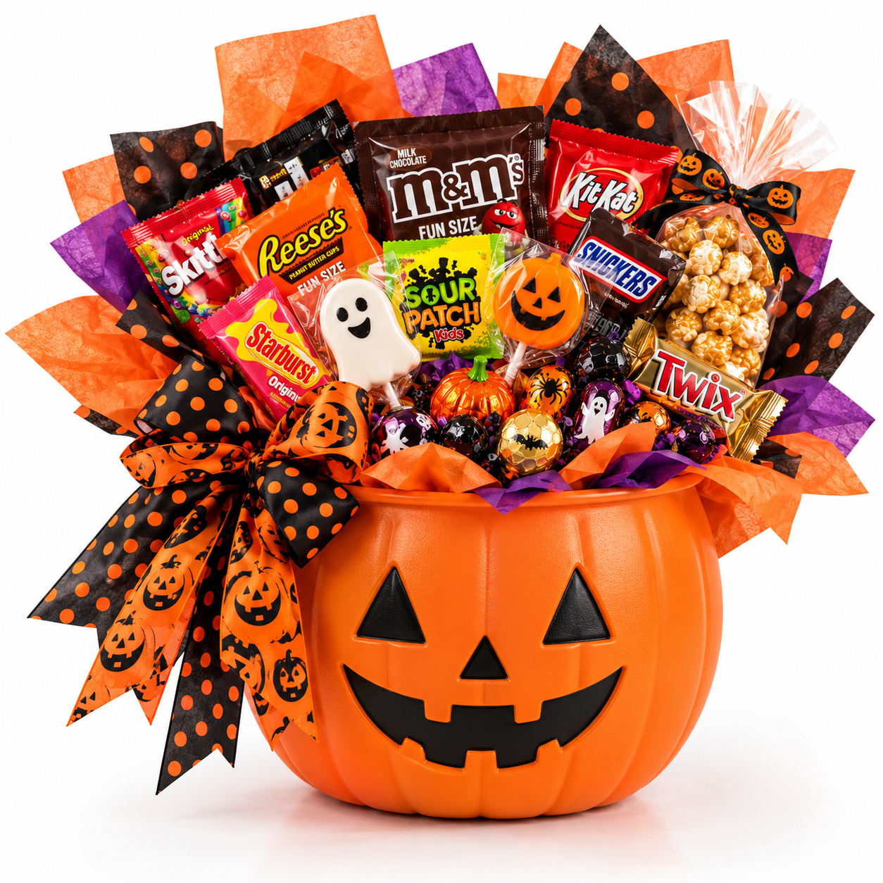 Standard Size — Jack-o'-Lantern Candy Bucket Orange jack-o'-lantern candy bucket filled with chocolate bars, lollipops and caramel corn tied with a Halloween ribbon.