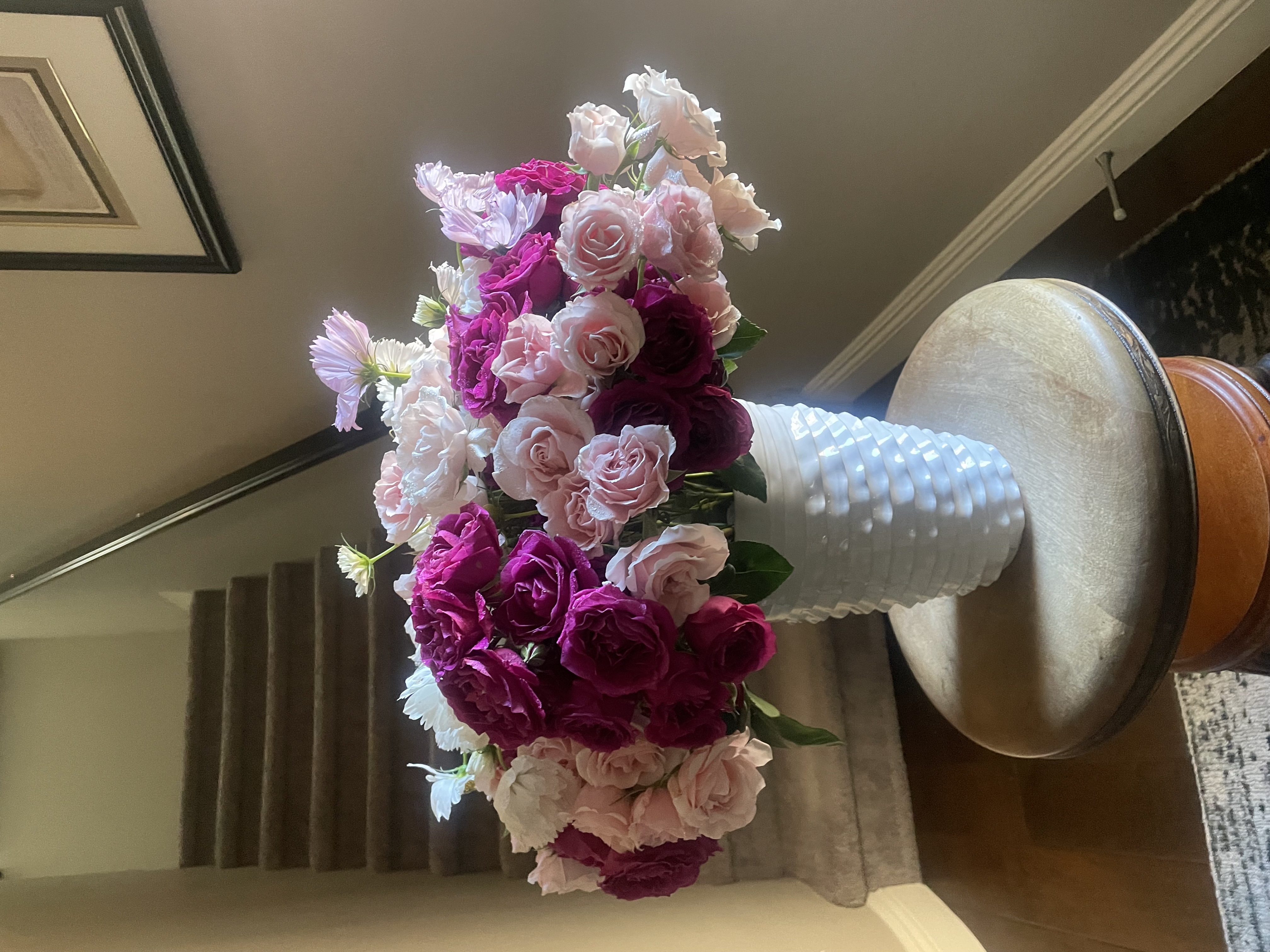Standard Size — Blush Rose Garden Vase — Rose Arrangement Standard size Blush pink dusty rose and deep magenta garden roses in varying bloom stages arranged in a white textured ceramic vase with dimpled pattern for romantic flower delivery in Las Vegas Nevada