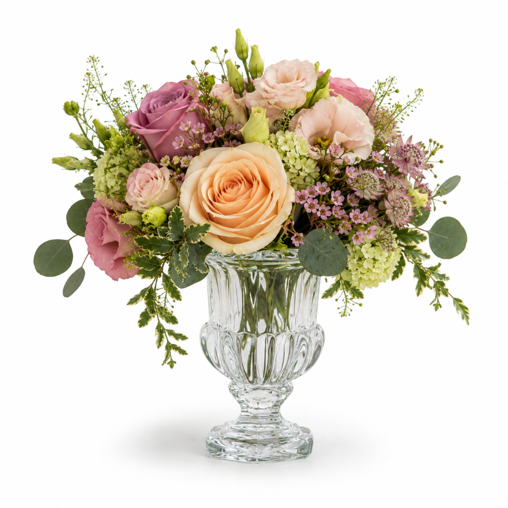 Standard Size — Vintage Rose Urn | Las Vegas Delivery | Las Vegas Florist — Same-Day Delivery to Las Vegas, Henderson & Summerlin | Bud Weismiller Flowers Vintage Rose Urn | Las Vegas Delivery — Standard size handmade pink anniversary rose bouquet for same-day flower delivery in Las Vegas, Henderson & Summerlin NV | Bud Weismiller Flowers