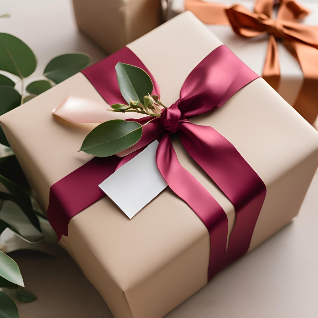 Cream gift box with burgundy ribbon and eucalyptus — premium flower gift Las Vegas Summerlin