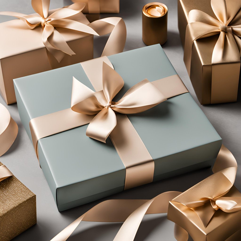 Sage blue gift box with champagne satin ribbon — Las Vegas florist signature wrapping