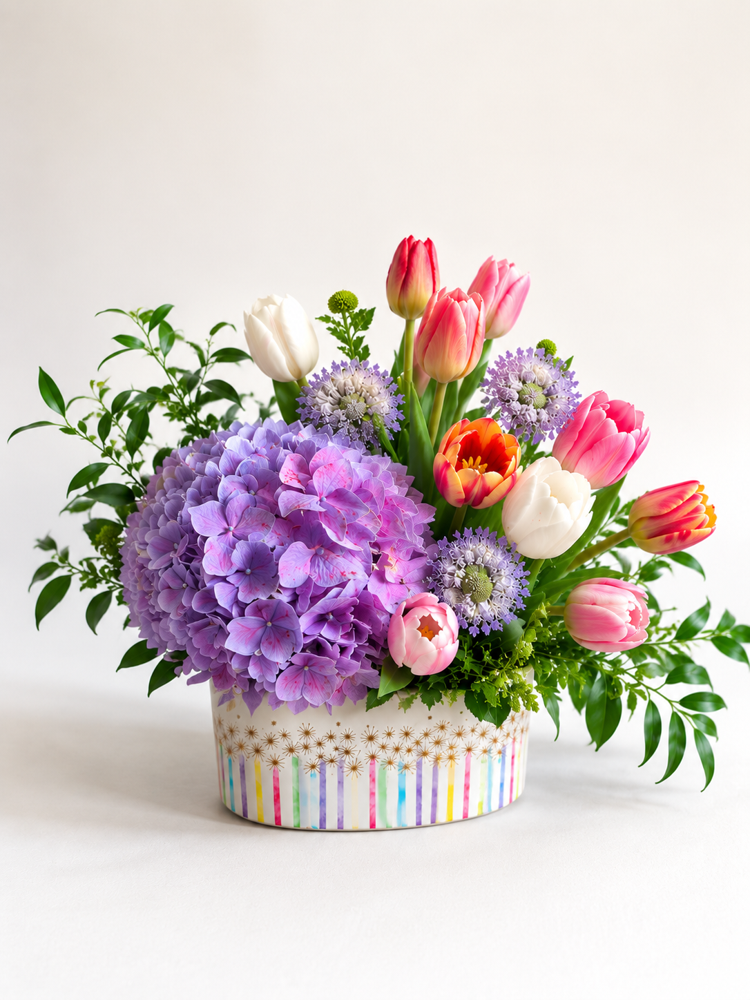 standard: Birthday Celebration Tulip & Hydrangea Bouquet — mixed-color birthday birthday flower bouquet delivered same-day in Las Vegas NV | Bud Weismiller Flowers