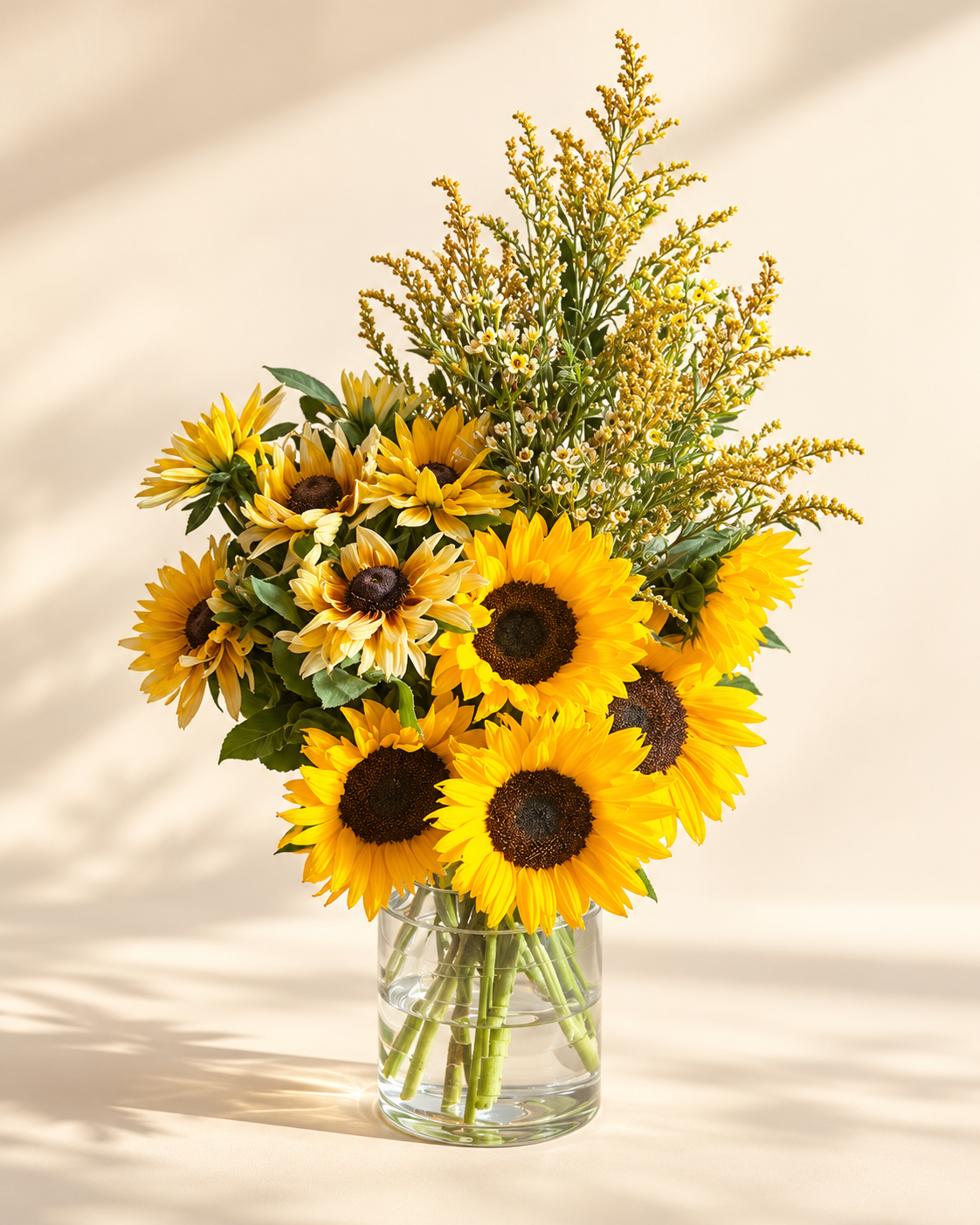standard: Fresh sunflowers and goldenrod arranged in a clear glass cylinder vase for same-day flower delivery in Las Vegas NV — desert light inspired birthday bouquet