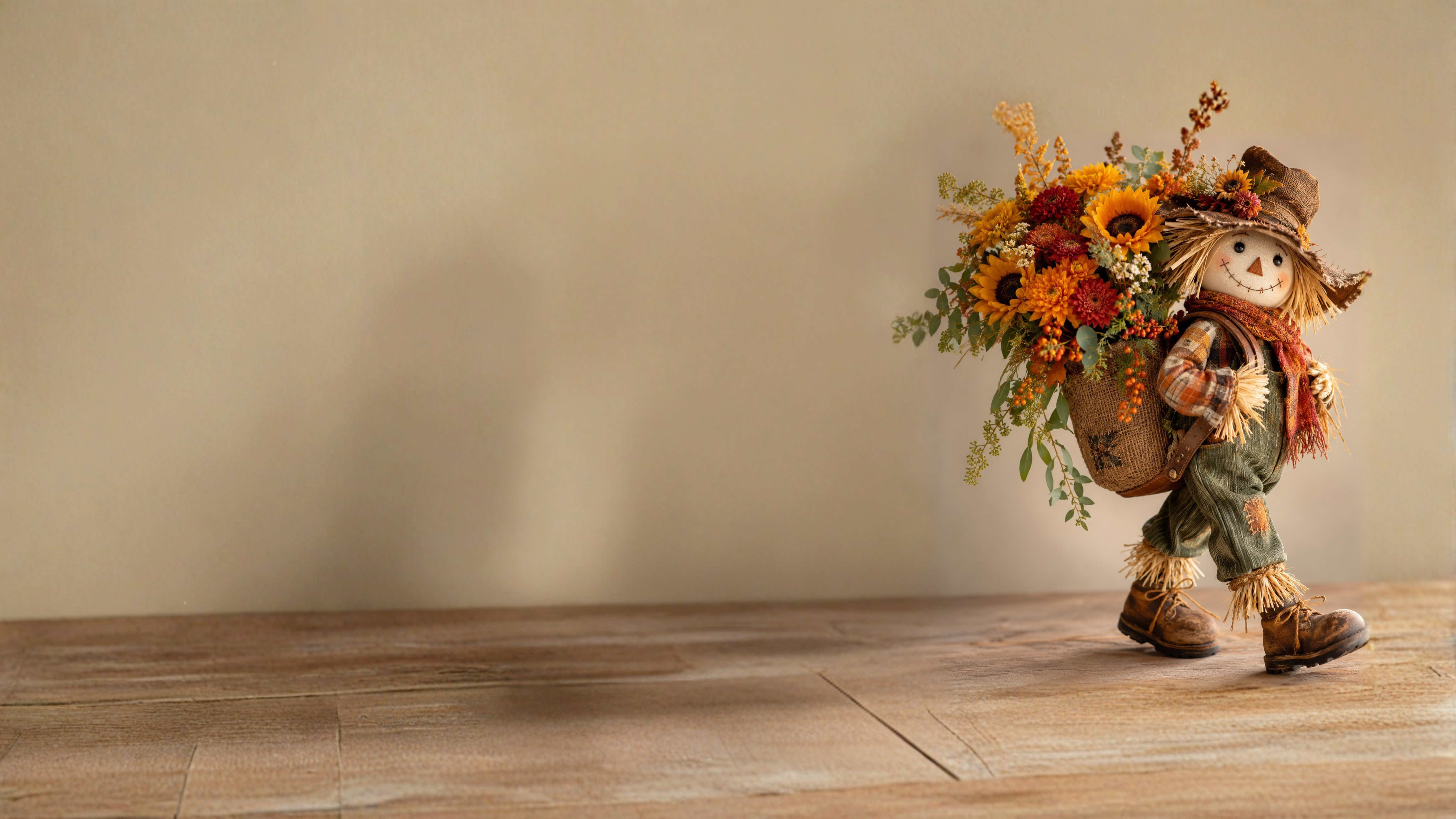 Whimsical scarecrow figurine with burlap basket of sunflowers and rust chrysanthemums — fall flower delivery Las Vegas NV same-day autumn arrangement