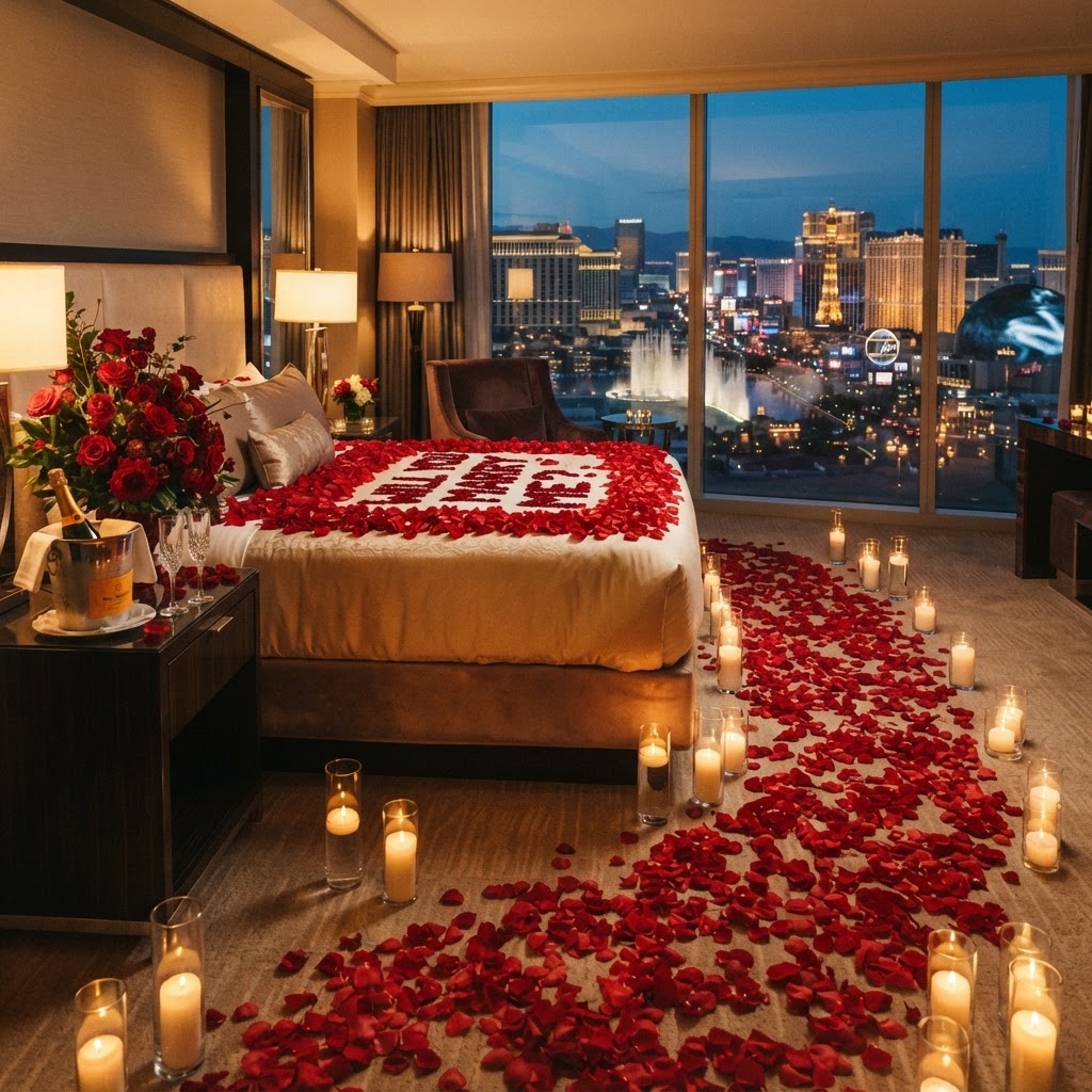 standard: Proposal package in a Las Vegas hotel suite — rose petals on bed, candles, champagne, and premium rose arrangement, romantic proposal room decor by Bud Weismiller