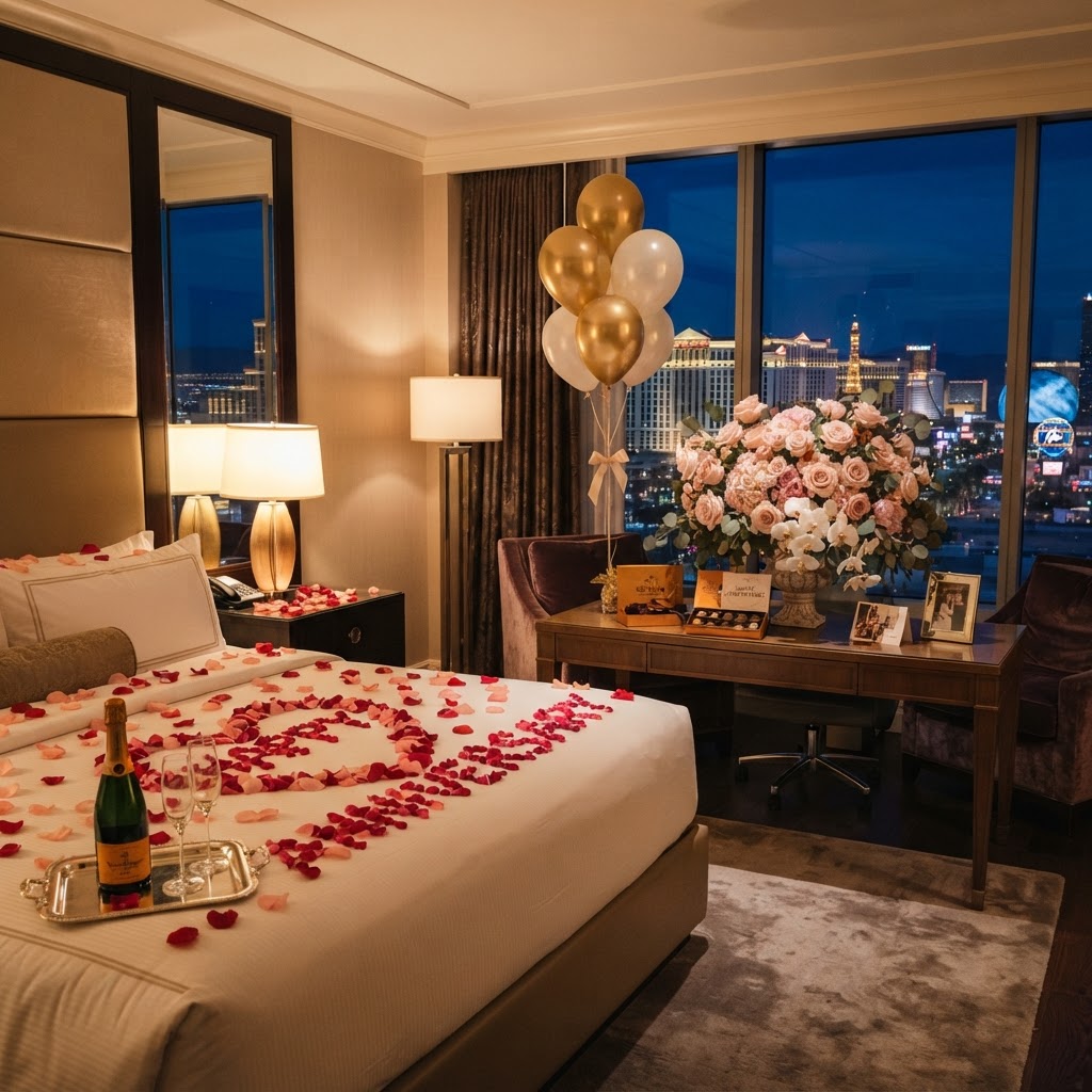 standard: Anniversary suite celebration package in a Las Vegas hotel — rose petals, luxury flowers, balloons, and chocolates, anniversary room decor by Bud Weismiller