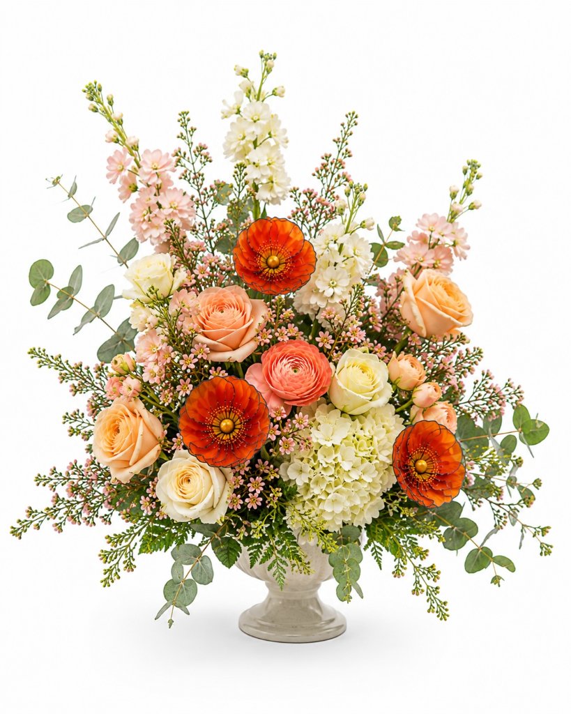 standard: Poppy Keepsake Pedestal Portrait Accent — orange sympathy sympathy flower arrangement delivered same-day in Las Vegas NV | Bud Weismiller Flowers