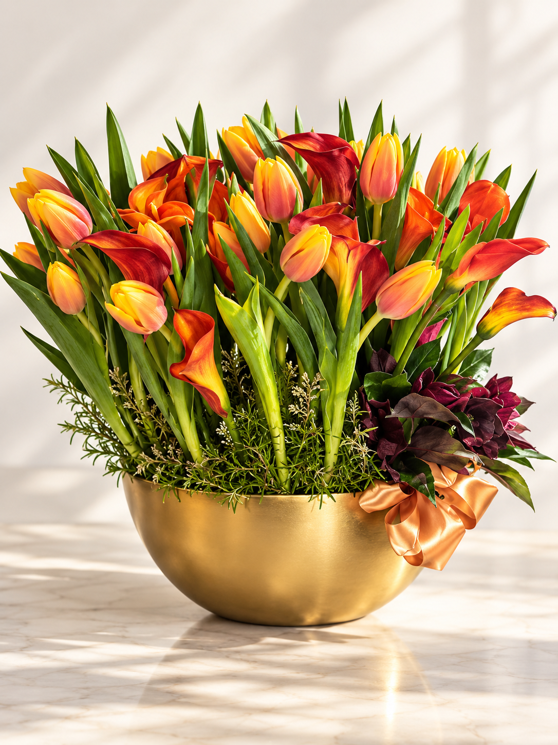 Golden Bowl Garden — tulips and calla lilies in gold bowl for autumn flower delivery Las Vegas