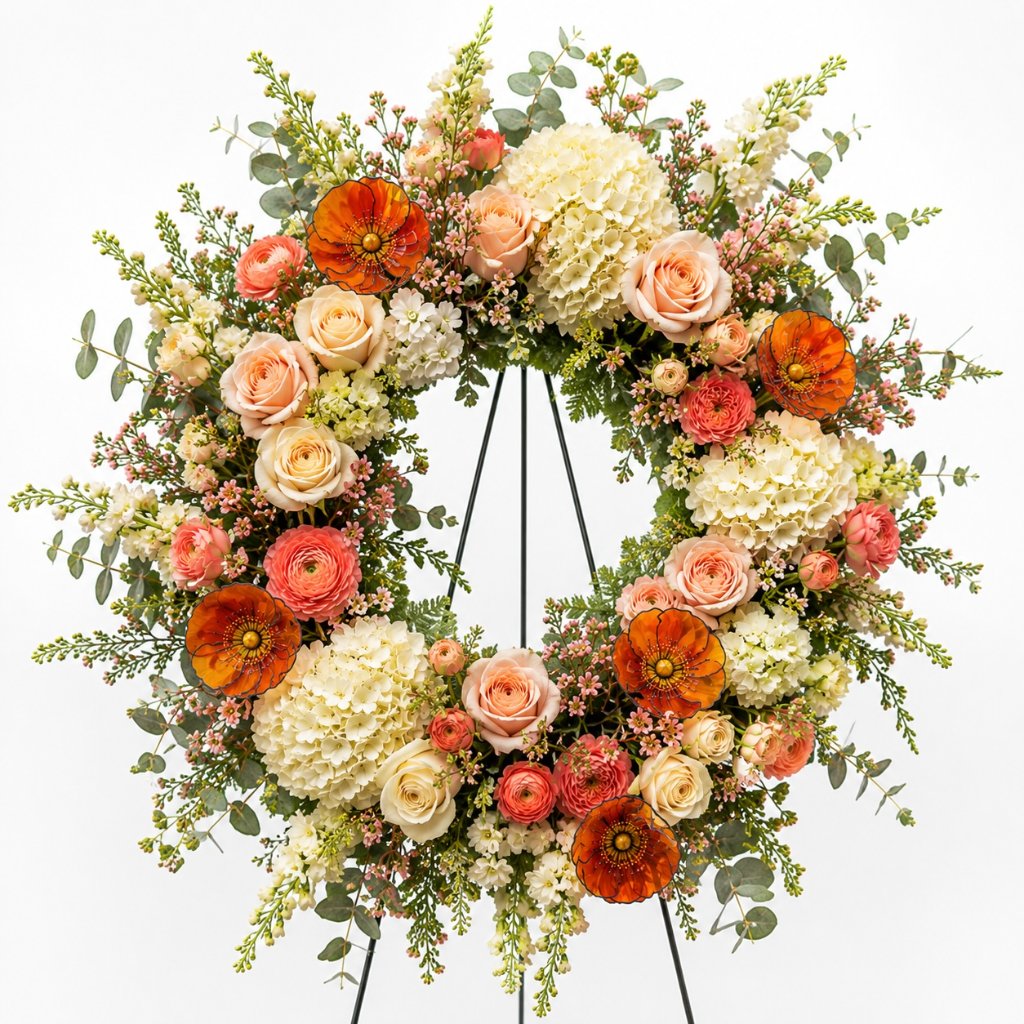 standard: Poppy Keepsake Remembrance Wreath — orange sympathy sympathy flower arrangement delivered same-day in Las Vegas NV | Bud Weismiller Flowers