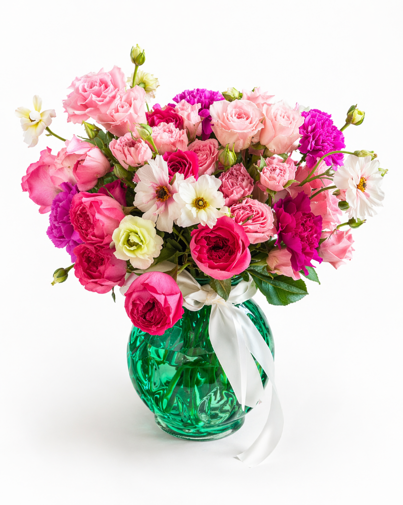 Standard Size — Pink Champagne – Celebration Flower Arrangement | Las Vegas Florist — Same-Day Delivery to Las Vegas, Henderson & Summerlin | Bud Weismiller Flowers standard: Pink Champagne – Celebration Flower Arrangement — pink birthday birthday flower bouquet delivered same-day in Las Vegas NV | Bud Weismiller Flowers