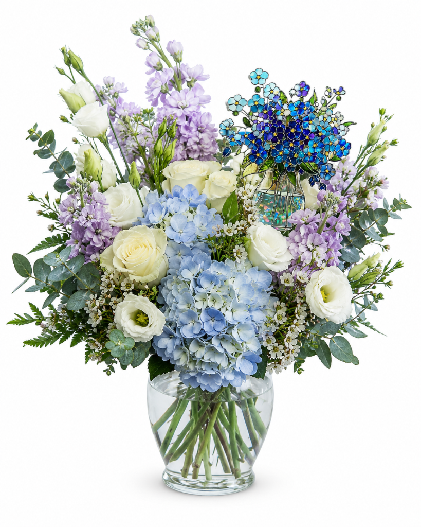standard: Forget-Me-Not Keepsake Arrangement — purple sympathy keepsake flower arrangement delivered same-day in Las Vegas NV | Bud Weismiller Flowers