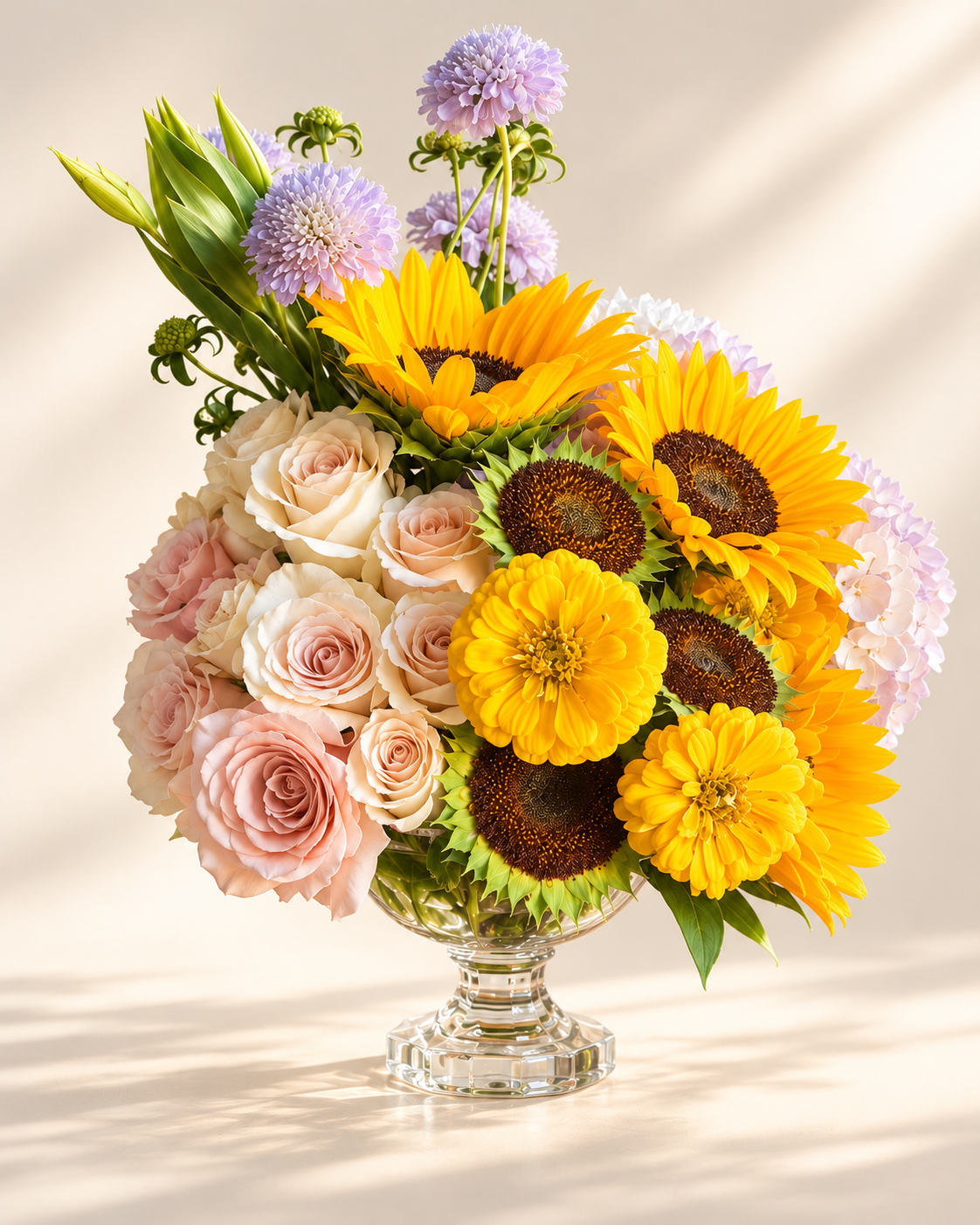 standard: Autumn Harvest Symphony rustic fall flower arrangement with sunflowers, blush garden roses, yellow zinnias, and lavender scabiosa in a crystal pedestal vase — same-day autumn flower delivery Las Vegas NV