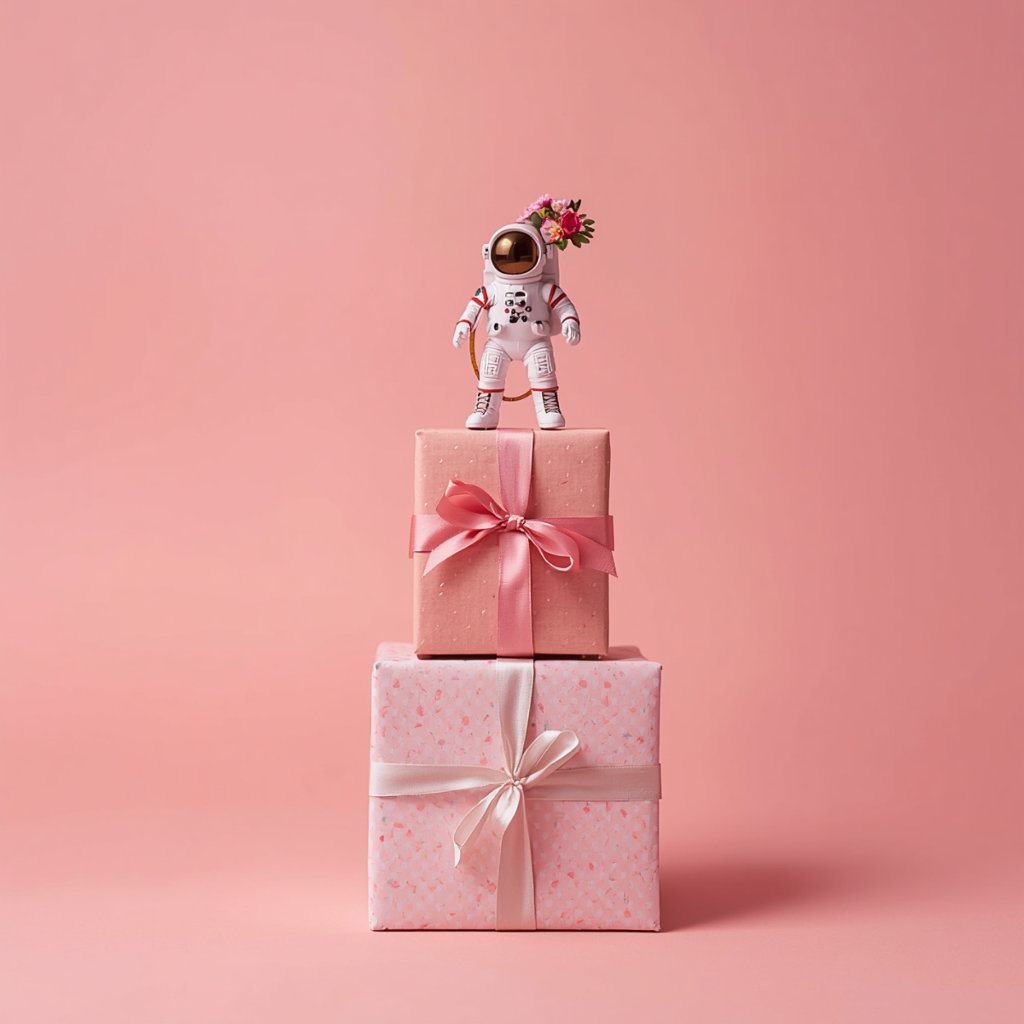 Pink stacked gift boxes with astronaut figurine — luxury gift wrapping Las Vegas NV