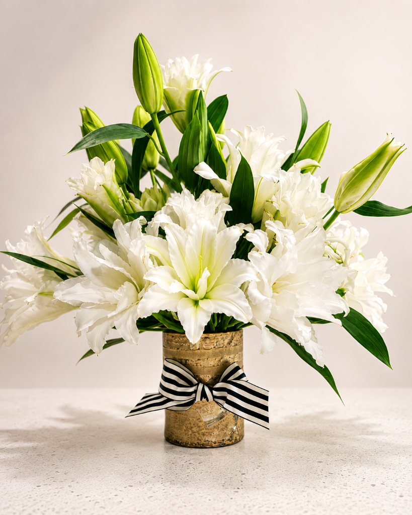 standard: White Lily Elegance – Sympathy & Get Well Flowers — white sympathy luxury flower arrangement delivered same-day in Las Vegas NV | Bud Weismiller Flowers