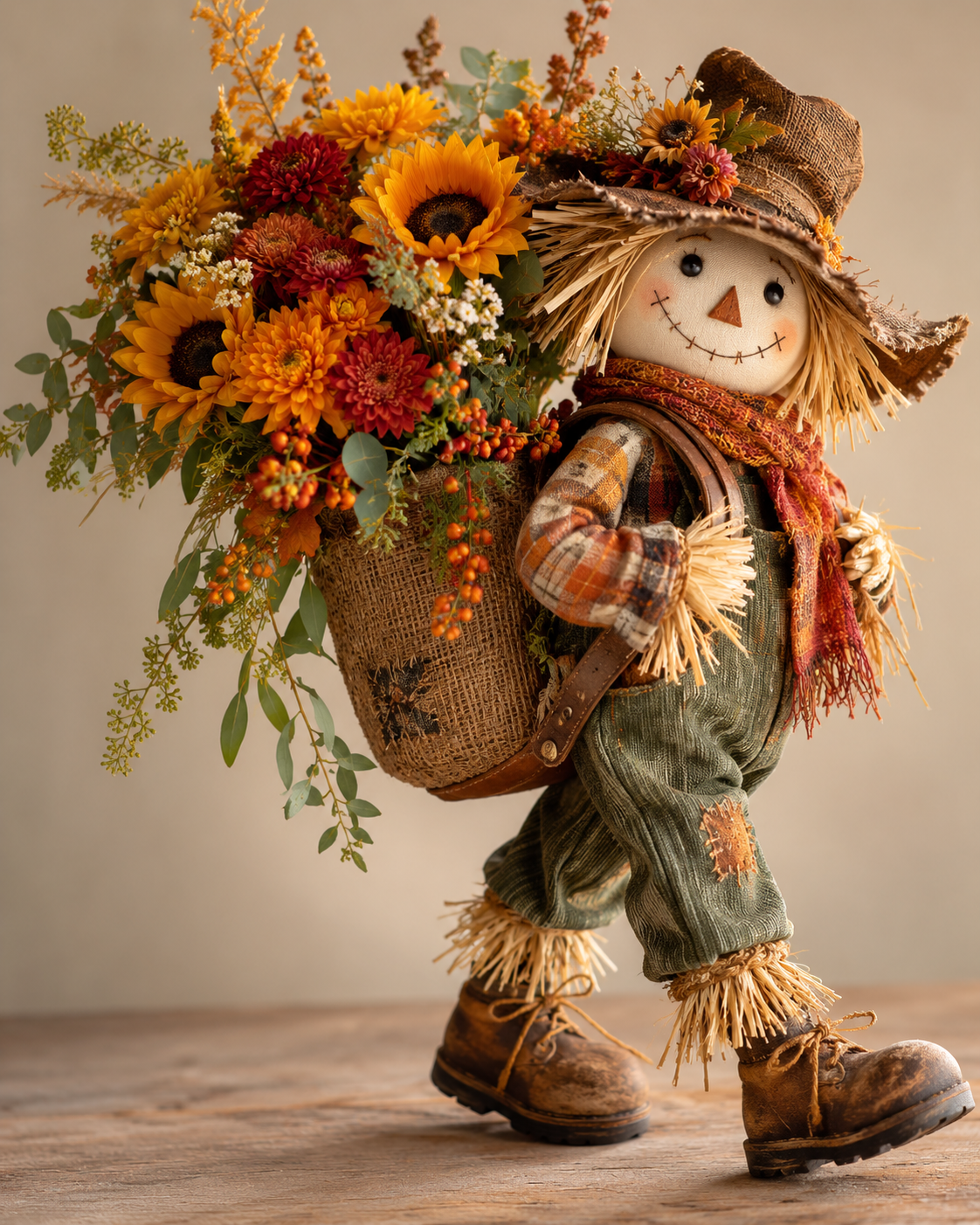 Standard Size — Harvest Scarecrow Fall Basket Whimsical scarecrow figurine with burlap basket of sunflowers and rust chrysanthemums — fall flower delivery Las Vegas NV same-day autumn arrangement