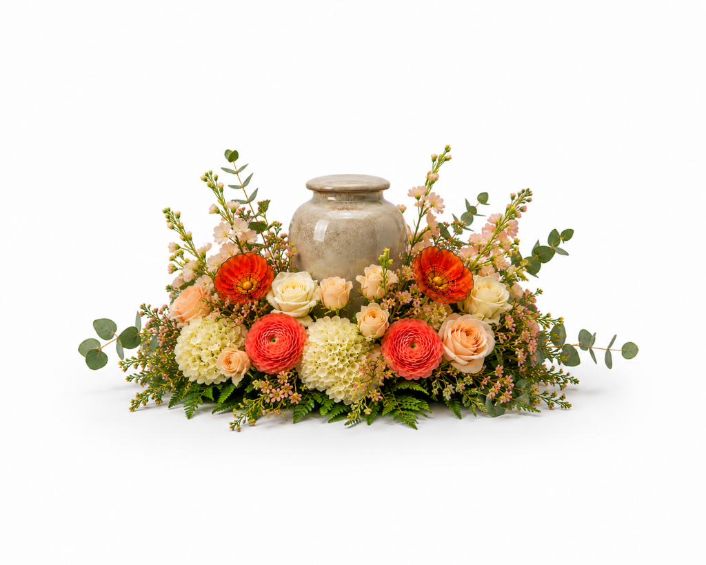 standard: Poppy Keepsake Urn Tribute — orange sympathy sympathy flower arrangement delivered same-day in Las Vegas NV | Bud Weismiller Flowers