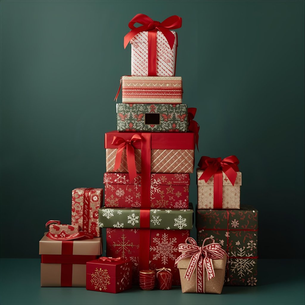 Christmas gift tower with red and green wrapping — holiday florist Las Vegas NV