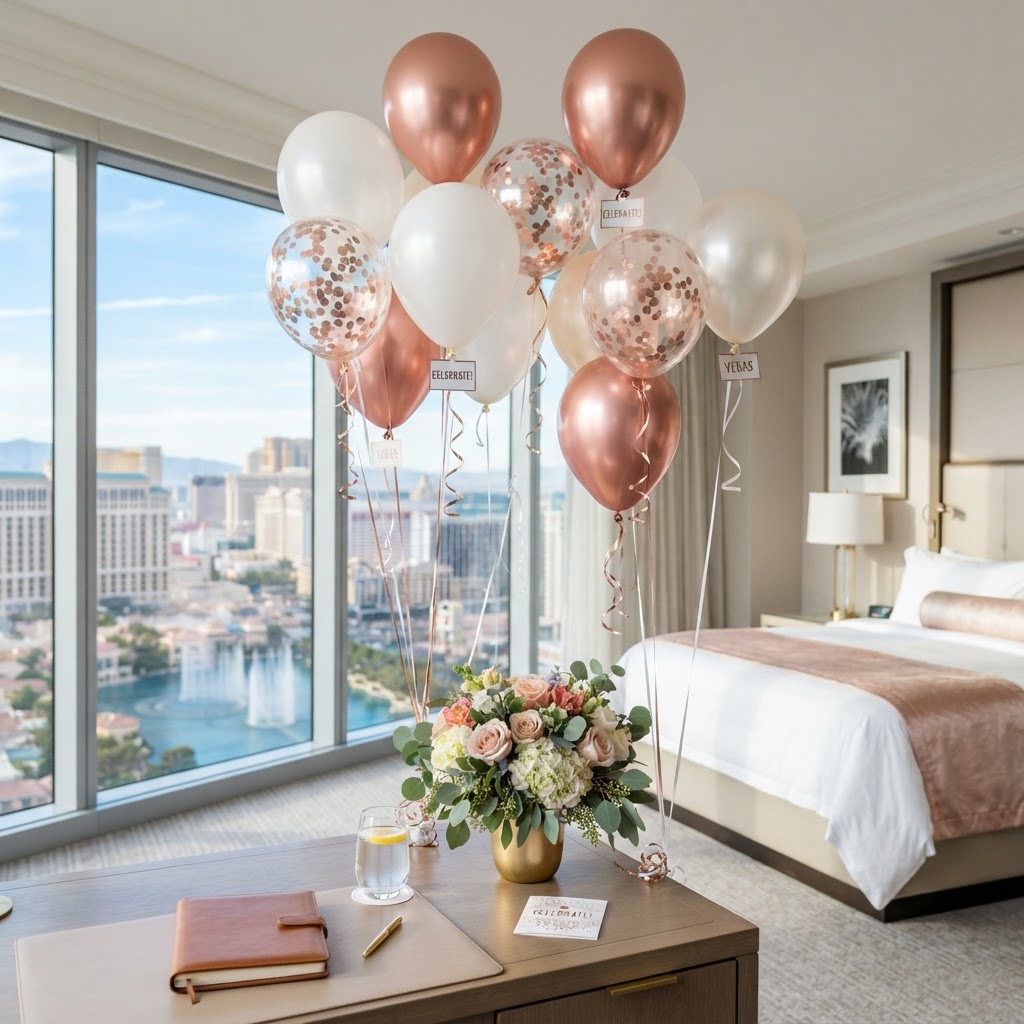 standard: Balloon surprise package in a Las Vegas hotel room — dozen helium balloons with a floral arrangement, festive room decor delivery by Bud Weismiller