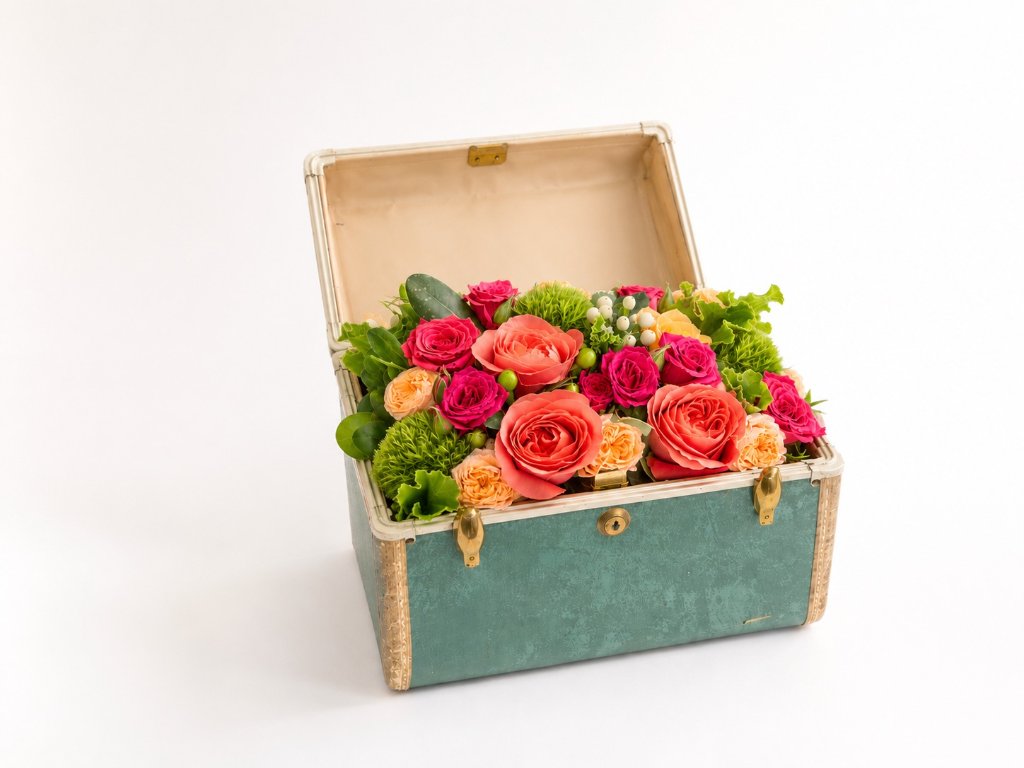 standard: Wanderlust Trunk – Luxury Flower Arrangement — pink birthday luxury flower arrangement delivered same-day in Las Vegas NV | Bud Weismiller Flowers