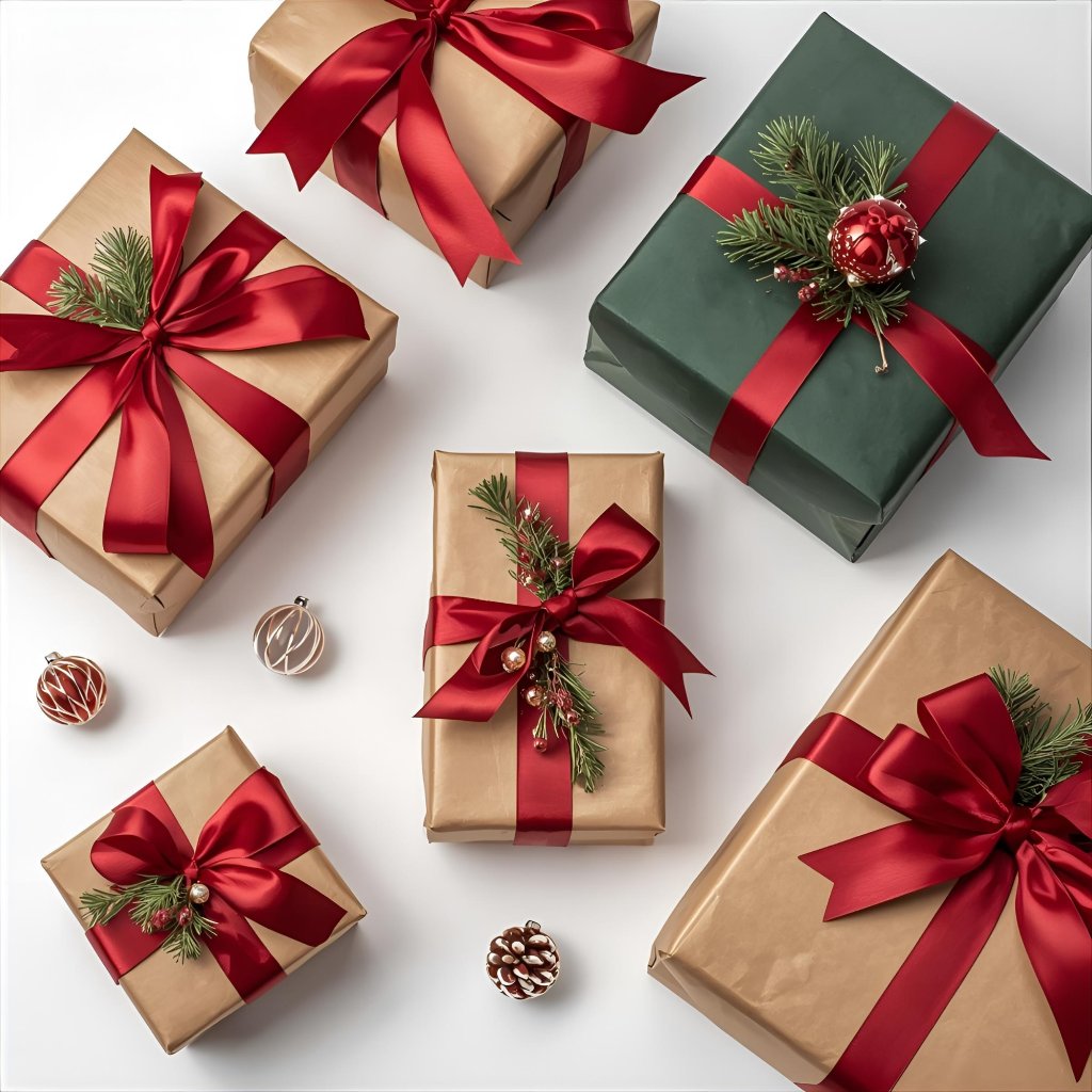 Holiday kraft gift boxes with red bows and pine — Christmas flower delivery Las Vegas