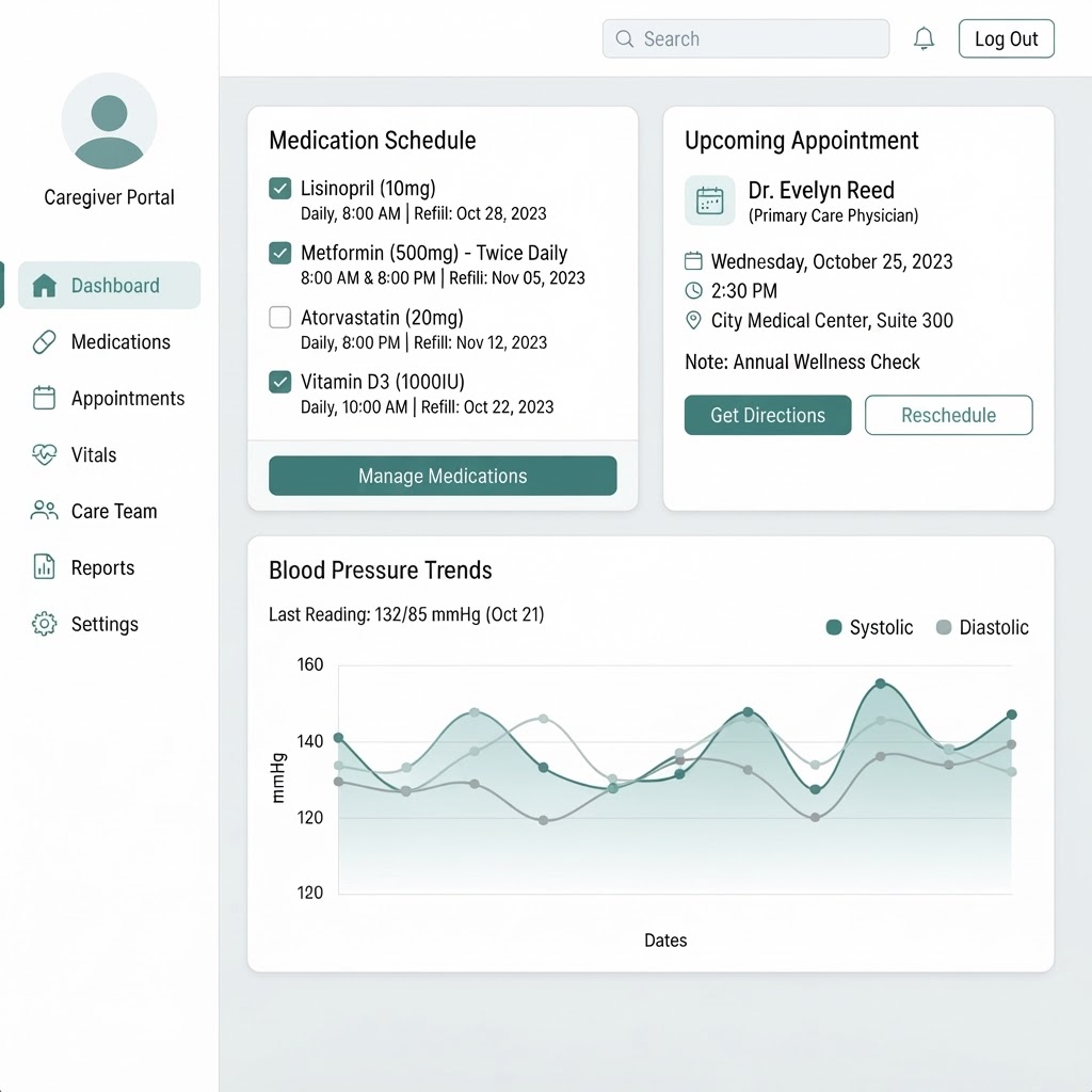 CareTracker dashboard showing medications, appointments, and vitals